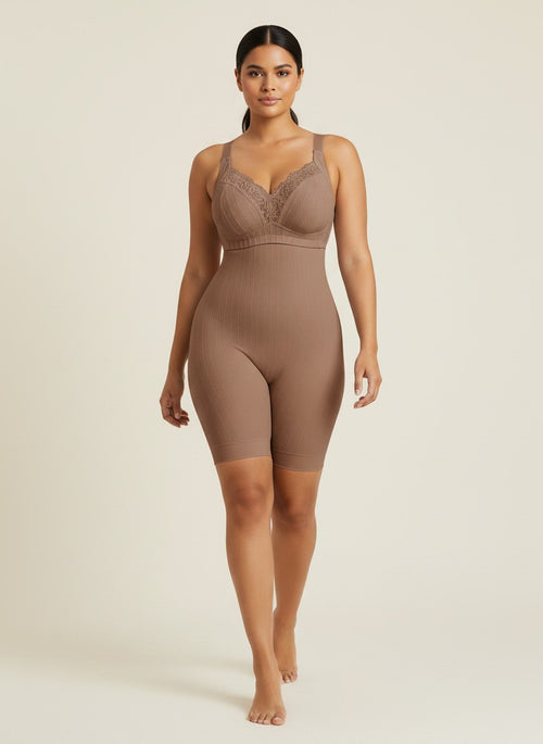 Model wearing a YACO brown wireless lace support bodysuit with full coverage cups and wide straps.