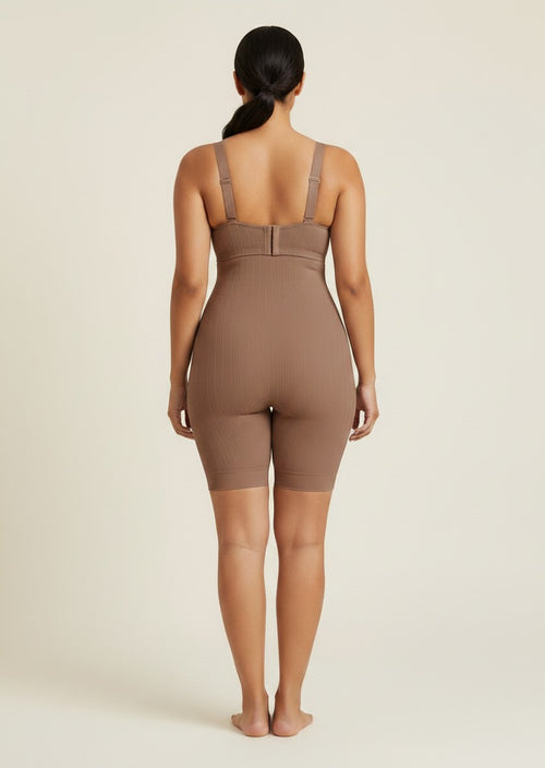 YACO Comfort Lace Support Bra in brown, shown from the back on a model wearing a matching full-body shaper.