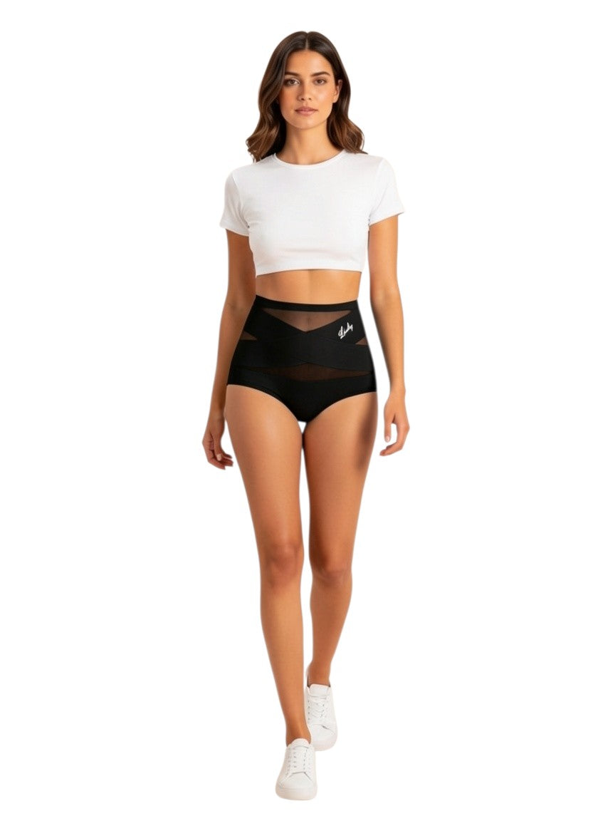 Model wearing YACO CurveFit black high-waisted shaping bottoms with breathable mesh panels and seamless design.