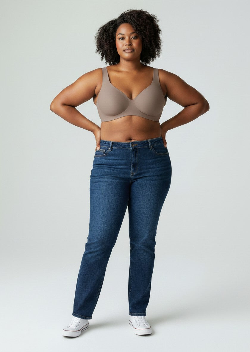 YACO Jelly push up bra in taupe worn by a model with blue jeans and white sneakers for a seamless everyday look